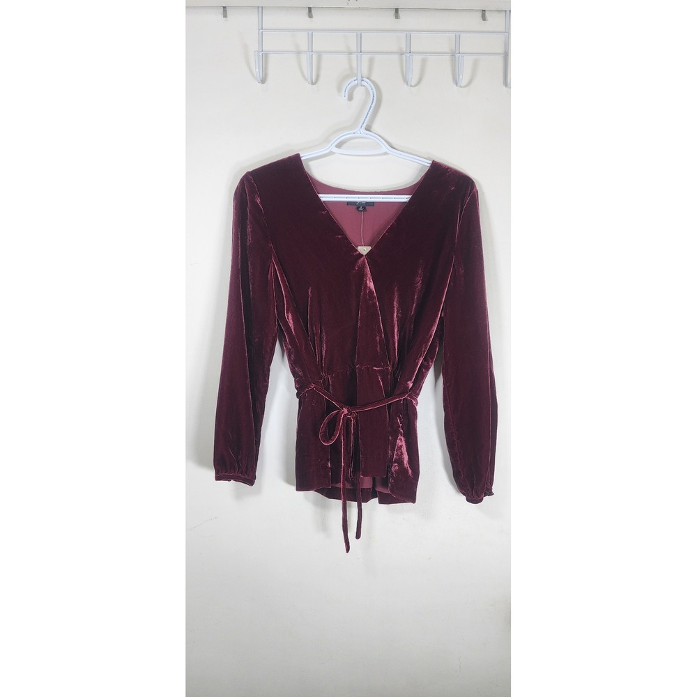 J.Crew Womens Velvet Wrap Tie Waist Top Burgundy V-Neck Blouse J4962 Size 2